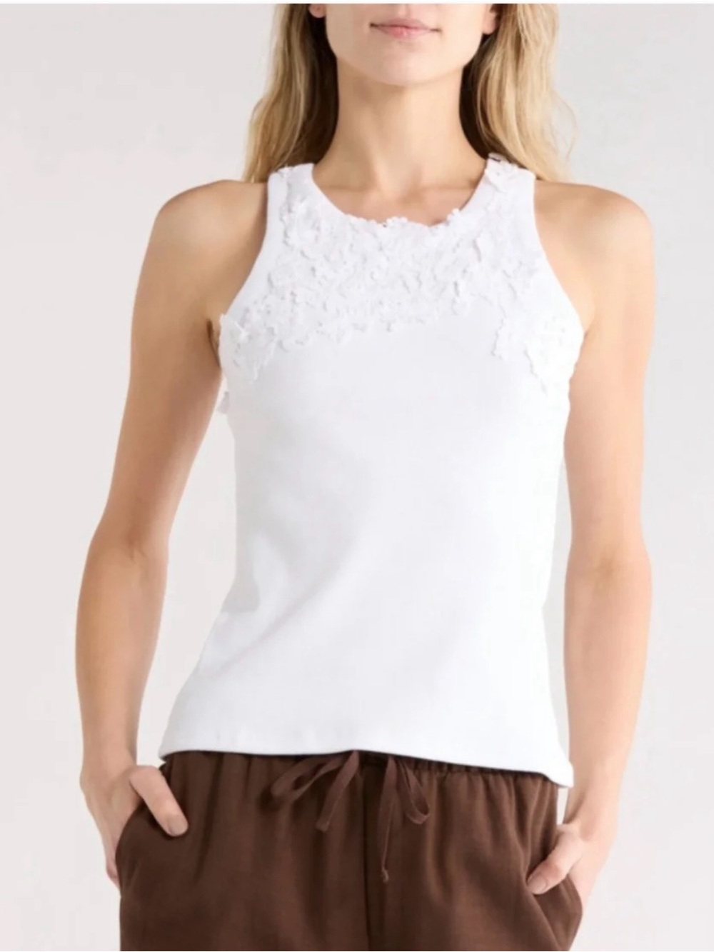 Caroline Constas White Lace Applique Racerback Tank
